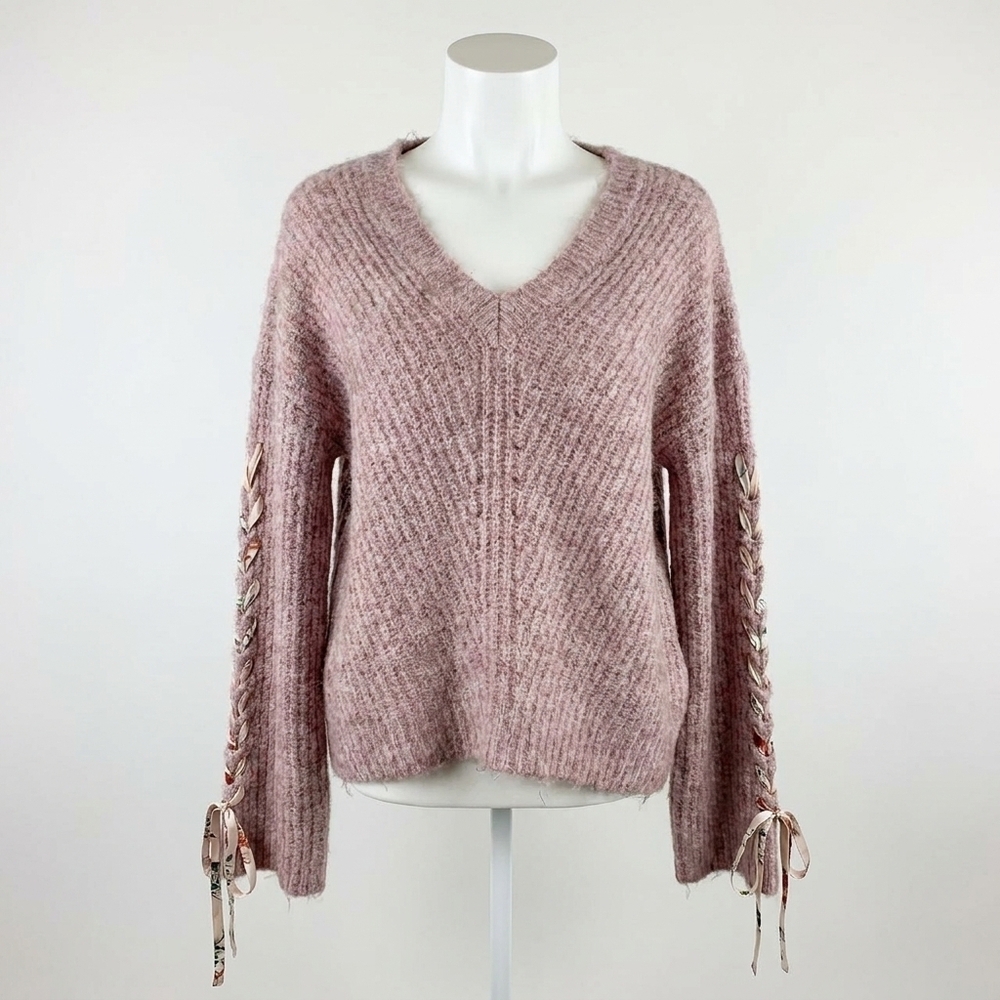 NEW HEM & THREAD women's ribbon sleeve accents sweater in pink/mauve